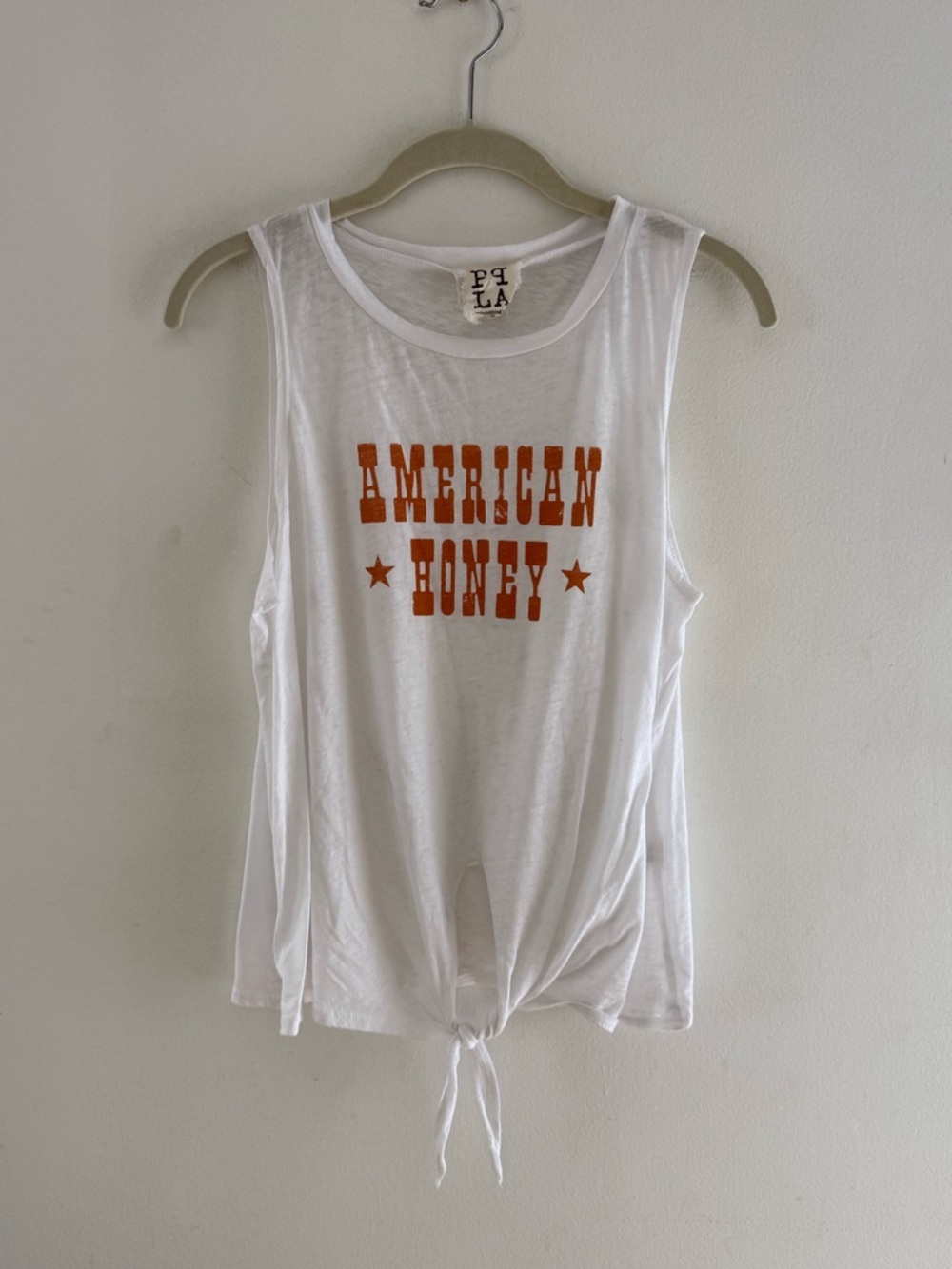 PPLA White Tie Front Tank Top with Orange "American Honey" Graphic